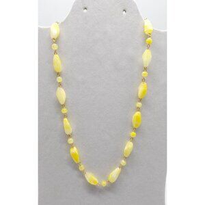 Yellow Swirl Art Glass Bead Necklace With Gold Tone Chain 19" Length Vintage